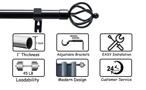 Black Curtain Rods For Windows 66 To 144 Inch 1 Diameter Heavy Duty Single Window