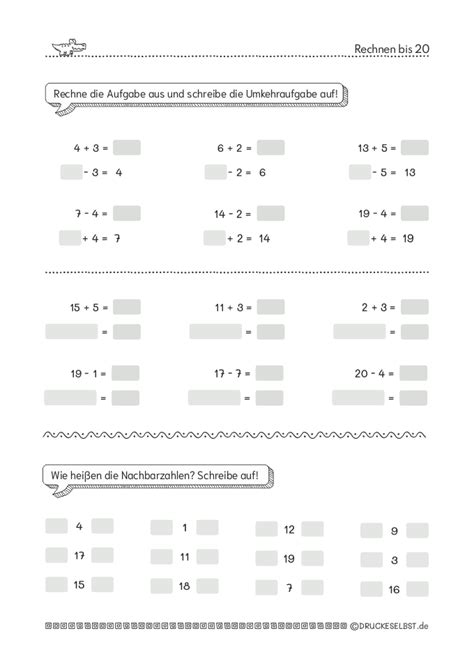 Drucke selbst Kostenlose Arbeitsblätter Rechnen im Zahlenraum bis 20