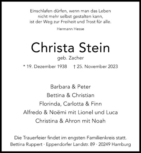 Traueranzeigen Von Christa Stein Hamburgertrauer De