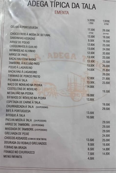 Menu em Adega Típica da Tala restaurante Sintra