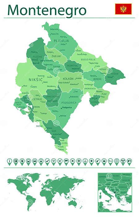 Montenegro Detailed Map And Flag Montenegro On World Map Stock Vector