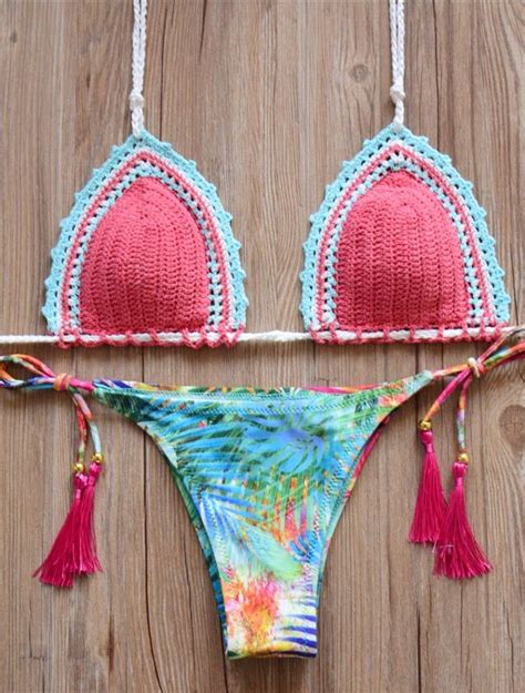 Red Top Leaf Knit Brazilian Bikini Set Swimwear Swimsuit Handmade