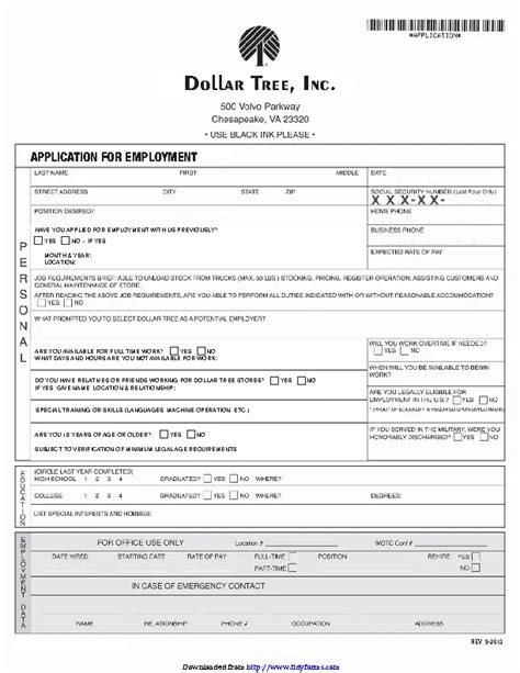 Dollar Tree Employment Application Form Pdfsimpli