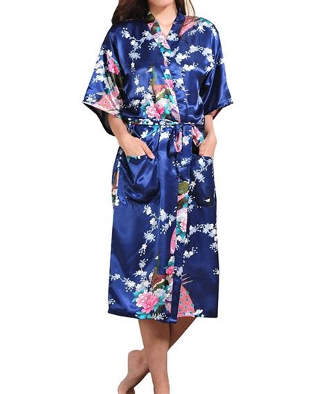 Women S Peacock Printed Kimono Long Bridesmaid Robes Satin Bathrobe Dark Blue Cd17yqz2a9h