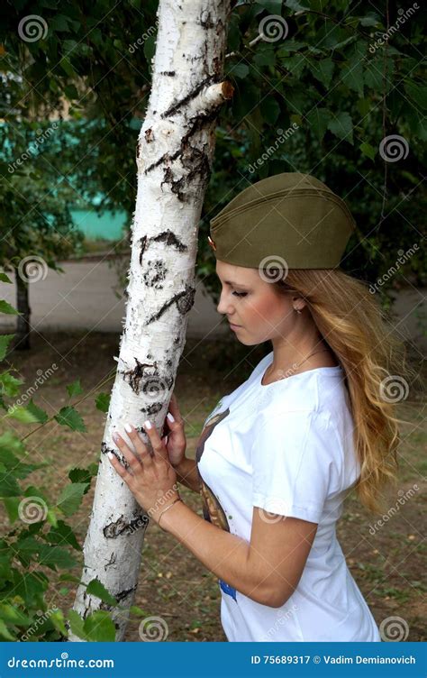 Girl In A Military Garrison Cap About A Birch Stock Image Image Of Katyusha Birch 75689317