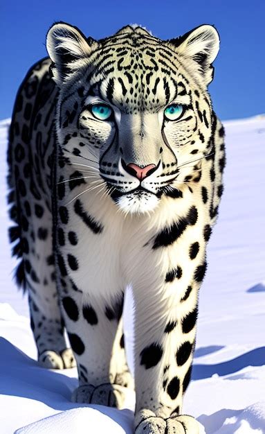 Premium Ai Image A Snow Leopard With Blue Eyes Walks Through The Snow