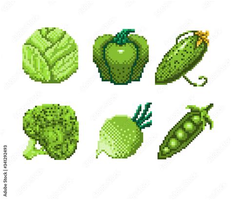 Set Of Pixel Art Green Vegetables Icon 32x32 Pixels Vector