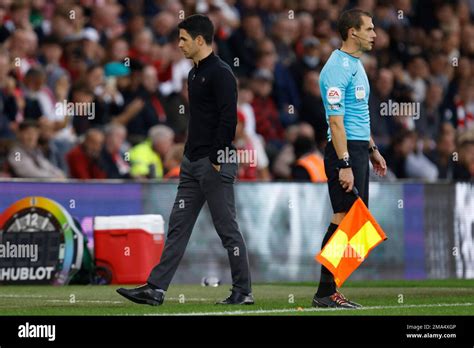 Arsenal S Manager Mikel Arteta Left Walks Away During The English