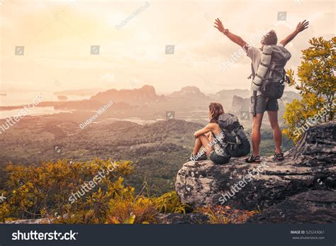 Hikers Backpacks Relaxing On Top Mountain Stock Photo 525243061