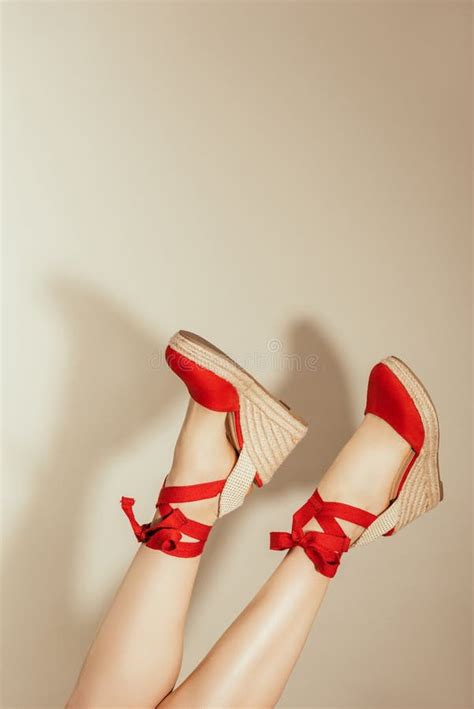 Cropped Shot of Upside Down Female Legs in Stylish Red Platform Sandals Stock Image - Image of ...