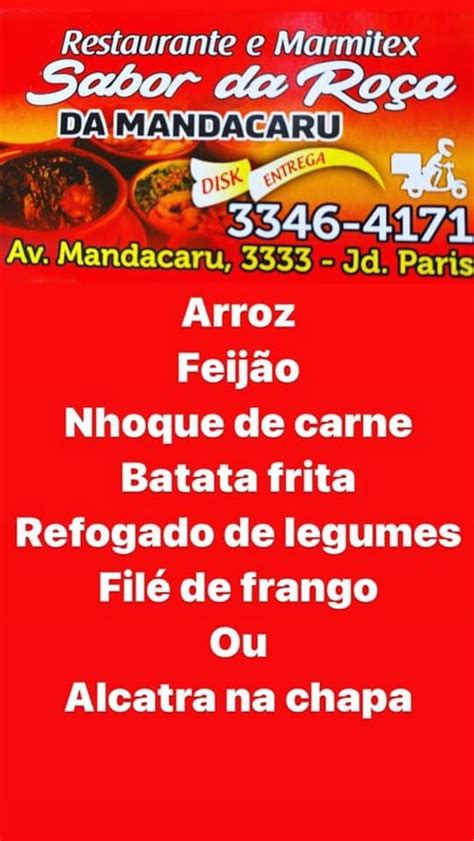 Menu em Restaurante e marmitex sabor da roça da Mandacarú Maringá