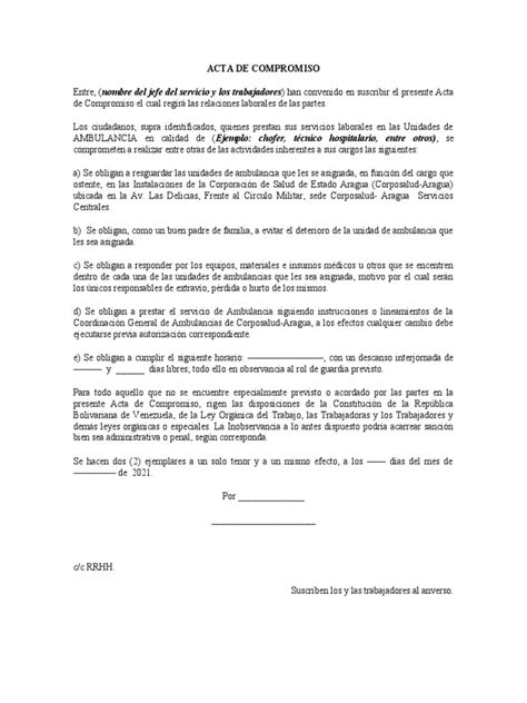 Modelo De Acta De Compromiso Pdf