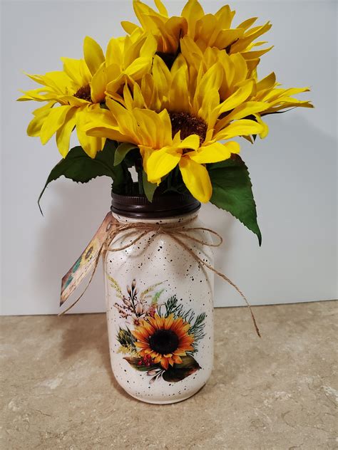 Mason Jar Decor Sunflower Decor Farmhouse Decor Decoupaged Jar Hand