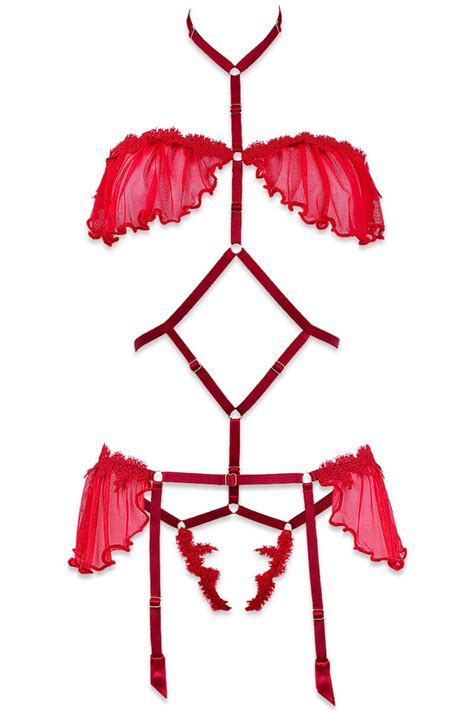 Red Élixir nude body harness and garter belt set Luxxa Lingerie