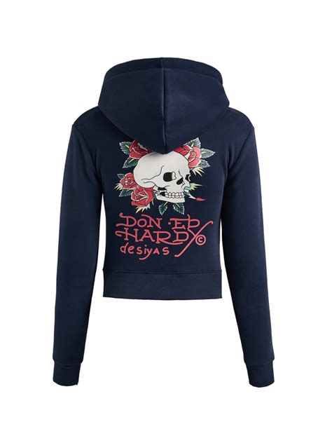 Emmiol Free Shipping 2024 Skull Print Zip Up Hoodie Navy Blue S In