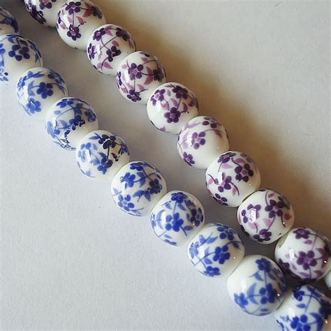 8mm Floral Blue White Porcelain Ceramic Round Beads Decal 20 Etsy