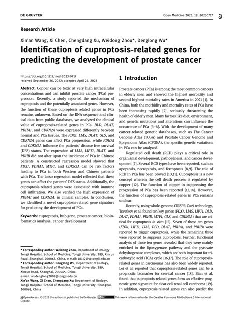 Pdf Identification Of Cuproptosis Related Genes For Predicting The