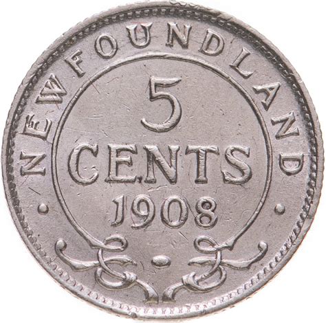 Монета ньюфаундленд 5 центов (cents) 1908 стоимостью 1441 руб.