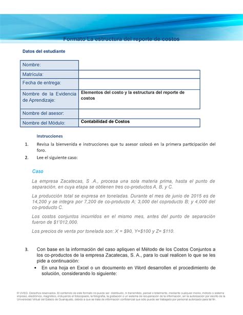 Contabilidad De Costos Uveg Caso Zacatecas S A Foro Y Entrega