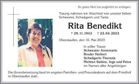 Traueranzeigen von Rita Benedikt Allgäuer Zeitung