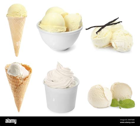 Set Of Vanilla Ice Creams And Frozen Yogurt On White Background Stock