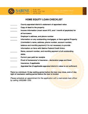 Fillable Online Sabinefcu HOME EQUITY LOAN CHECKLIST Sabine FCU