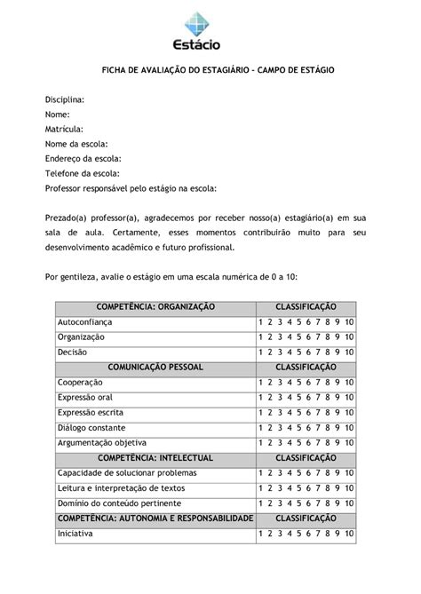 Ficha De Avaliação De Estágio Supervisionado Preenchida BRAINCP