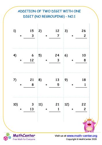 2 Digit Plus 1 Digit Addition With Some Regrouping 25 Questions A