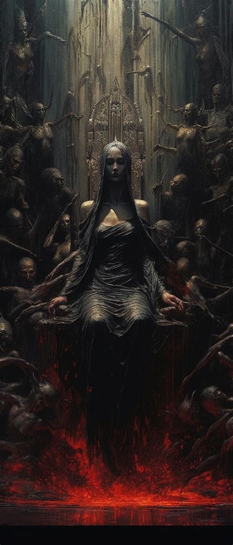 A Woman Sitting On Top Of A Throne Surrounded By Demonic Looking People