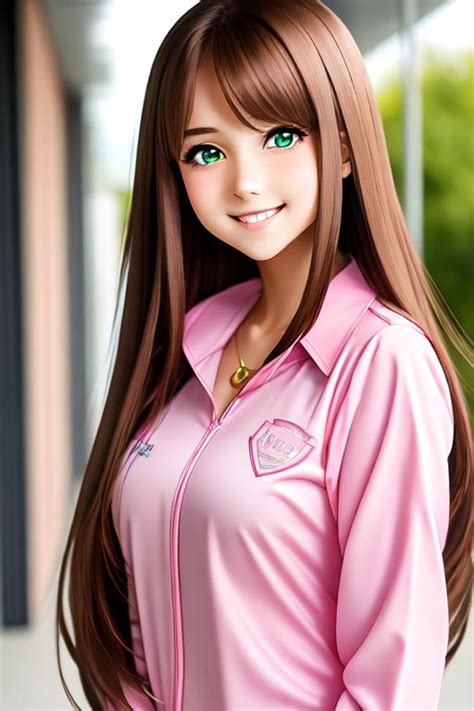 Teenage Anime Girl Green Eyes Long Brown Hair She