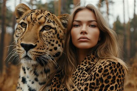 Premium Photo Minimalism A Woman In A Leopard Print Suit Stands Next