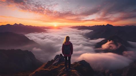 Premium AI Image | a woman on top of a mountain peak with view of clouds and sunrise