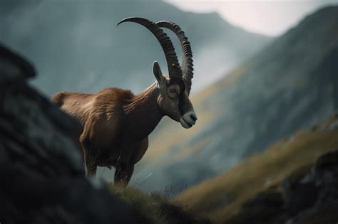 Premium Photo | A pyrenean ibex with horns stands on a rocky hillside