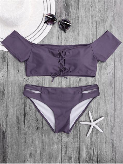 17 OFF 2021 Lacing Off The Shoulder Bikini Set In PURPLE ZAFUL