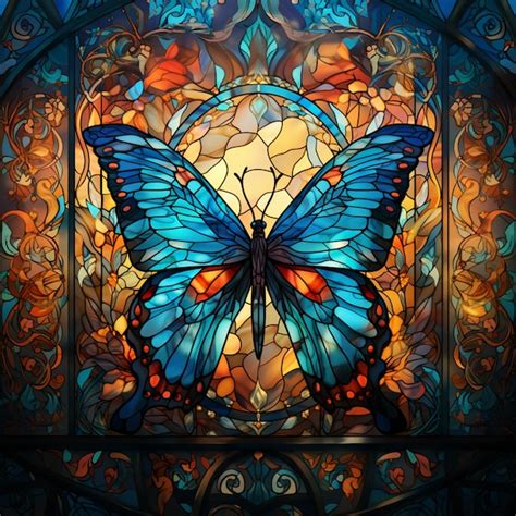 Arafficial Stained Glass Window With A Blue Butterfly In It Generative