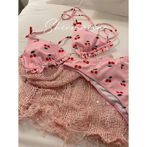 Lena bikini ชดวายนำสชมพสดใส ลายเชอรๆ Shopee Thailand