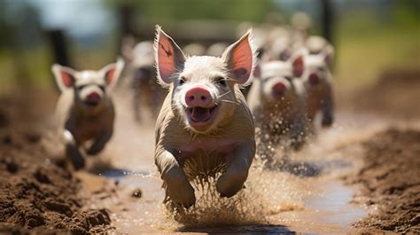 Premium Photo A Group Of Happy Pigs Running In The Mud