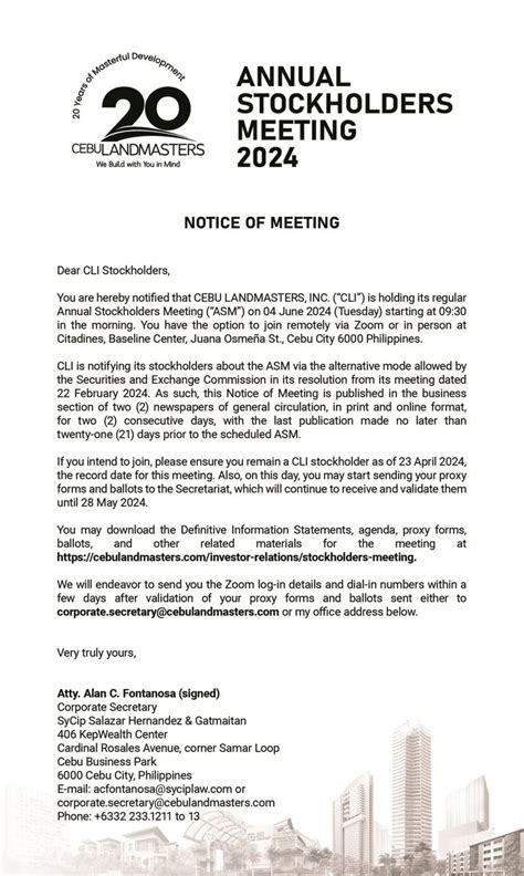 Cebu Landmasters Inc Notice Of Annual Stockholders Meeting First