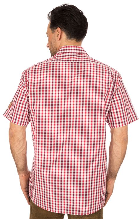 OS Trachten German Traditional Shirt Short Arms Red MATTI Regular Fit