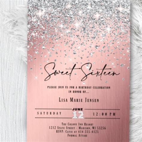 Rose Gold Sweet 16 Invitation Pink And Gold Glitter Confetti Etsy