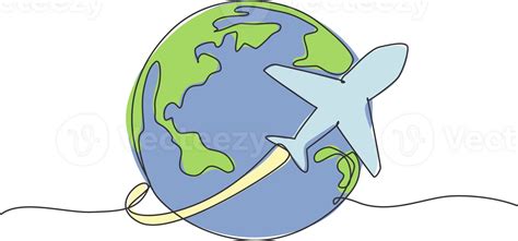 Single One Line Drawing Of Airplane Fly Through The Sky Globe Icon