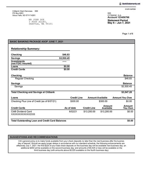 Citibank Bank Statement Bank Statements R F Citibank Client