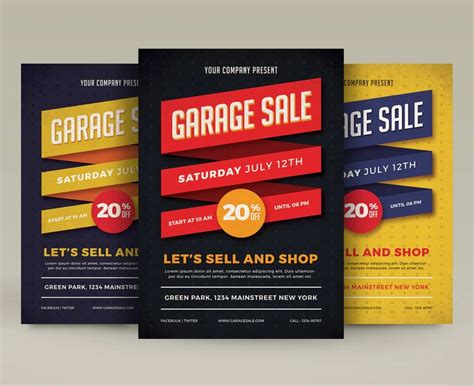 three flyers for garage sale with different colors and shapes on the ...