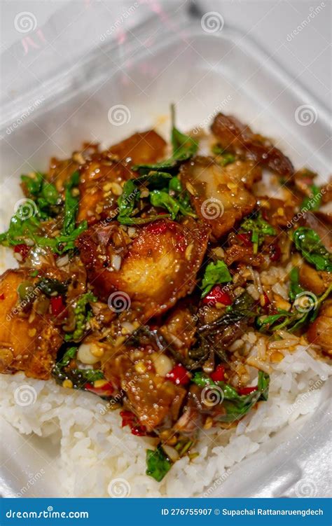 Rice With Stir Fried Holy Basil With Crispy Pork Belly Stock Image Image Of Crispy Tasty