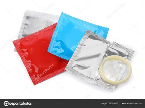 Packages Unpacked Condom Isolated White Top View Safe Sex Stock Photo