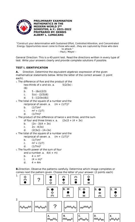 Preliminary Examination In Mathematics In The Modern World First Year