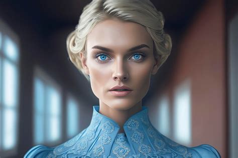 Modèle Blonde Au Corps Entier Aux Yeux Bleus Et Au Visage Ultra Réaliste Robe Bleue Haute