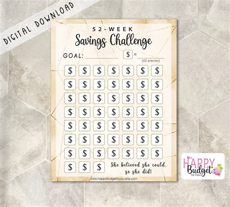 Savings Challenge Printable Tan 52 Week Savings Challenge Etsy