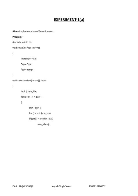 Daa Practical File Experiment A Aim Implementation Of Selection