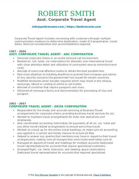 Corporate Travel Agent Resume Samples Qwikresume